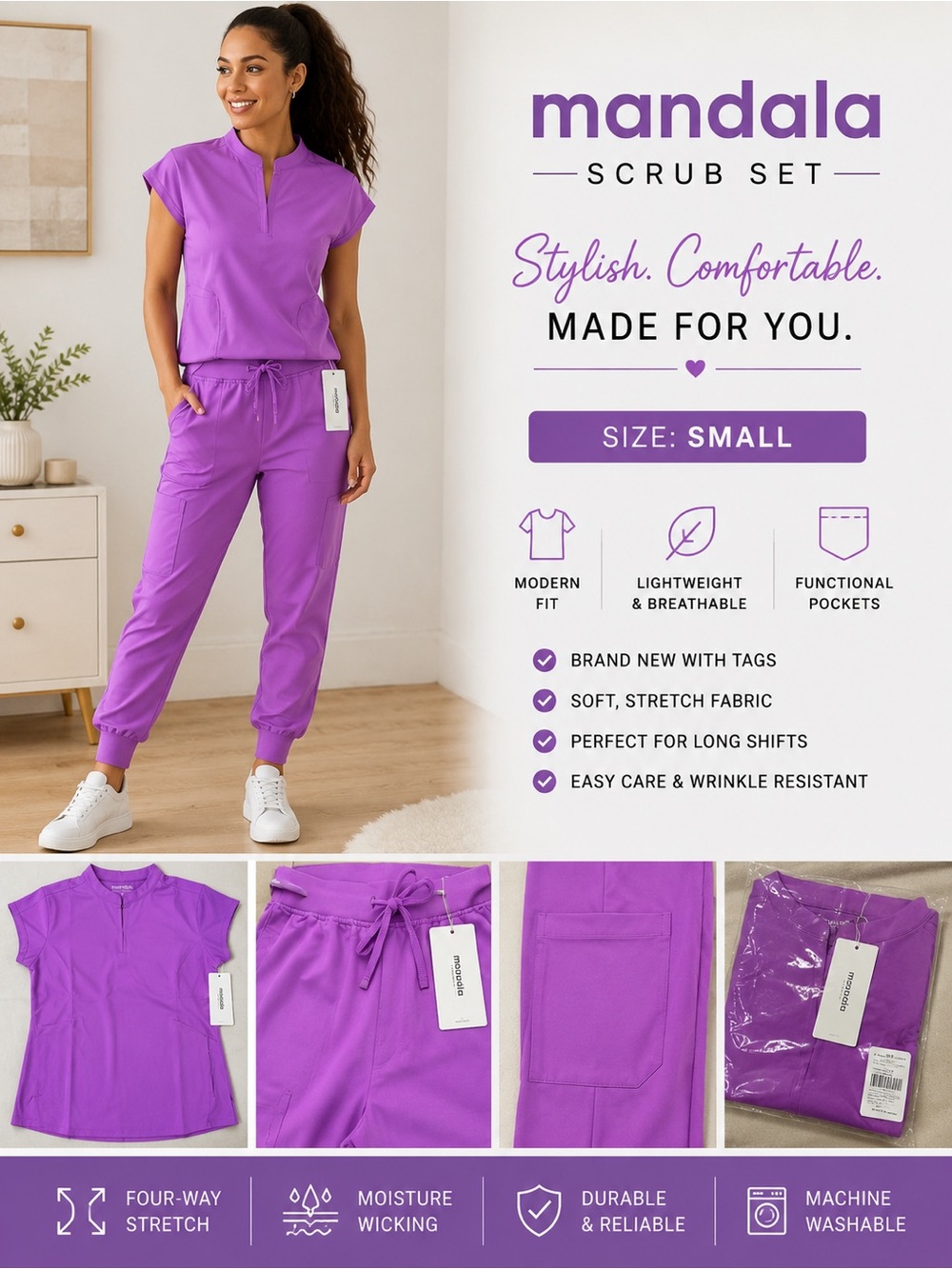NEW Mandala Women’s Scrub Set Small Berry Purple Joggers